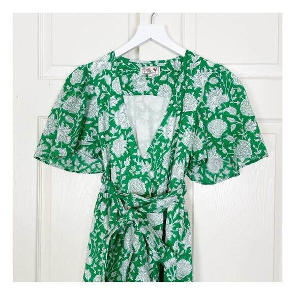 Mille Helena Block Floral Print Wrap Midi Dress Green White Resortwear NWOT - Picture 3 of 11